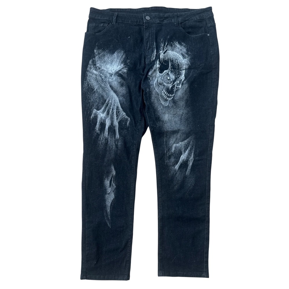 Y2K Skull airbrush Printed Denim Grunge Leg Jeans Punk Trousers 42 Black